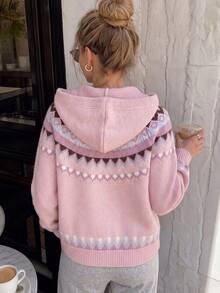 JIANHU Women's Pink Hooded Fair Isle Pattern Button-Up Cardigan, Suitable For New Year, Outdoor, Travel And Daily Wear - Pink - View 6