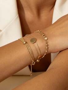 3pcs Multi-Layer Stackable Round Disc Gold Bracelet, Niche Luxury Minimalist Thin Chain Hand Jewelry, Versatile For Daily Commute, Elegant For Women - Bracelet - View 2