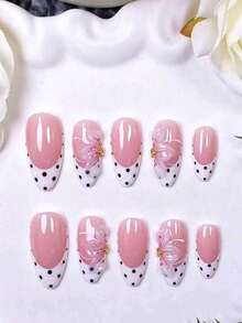 12pcs Random Style Handmade Almond Shape Press-On Nails, White French Polka Dot With 3D Carved Design, Hand-Painted Nude Base With White French Tips And Black Decor - Multicolor - View 2