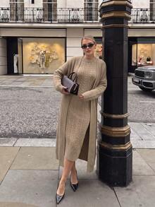 NOVELLE Women's Elegant Cable Pattern Knit Sweater Set, Autumn Winter Loose Long Cardigan With Midi Dress, For Daily Going Out, Commute And Dating - Khaki - View 4