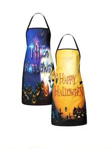 1pc/2pcs Halloween Cartoon Print Apron, Pumpkin Ghost Black Cat Spider Web Bat Pattern Adjustable Neck Strap Bib Apron, Lightweight Oil Resistant Kitchen Cooking Baking Apron, Halloween Party Cosplay Costume Accessory Home Cleaning Apron - Multicolor - View 6
