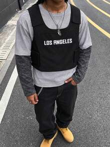 HOMIIE Men's Black Short Tactical Vest, Letter Print Utility Vest, Pocket Design Streetwear Jacket, Suitable For Spring And Autumn, Halloween And Christmas - Black - View 5
