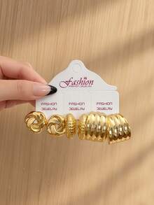 18/6pcs Women's Gold CCB Geometric Square Smooth C-Shaped Twisted Hoop Earrings Set, Suitable For Daily, Party, Commute Wear - Yellow Gold - View 6