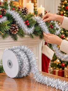 1pc/4pcs Christmas Tinsel Garland Roll Sparkle Metallic Foil Ribbon For Christmas Tree Decoration Gift Wrapping Present Box Bow Making Holiday Party Supplies Diy Craft Decor Silver Gold Red Green - Christmas Decorative Ribbon - View 5