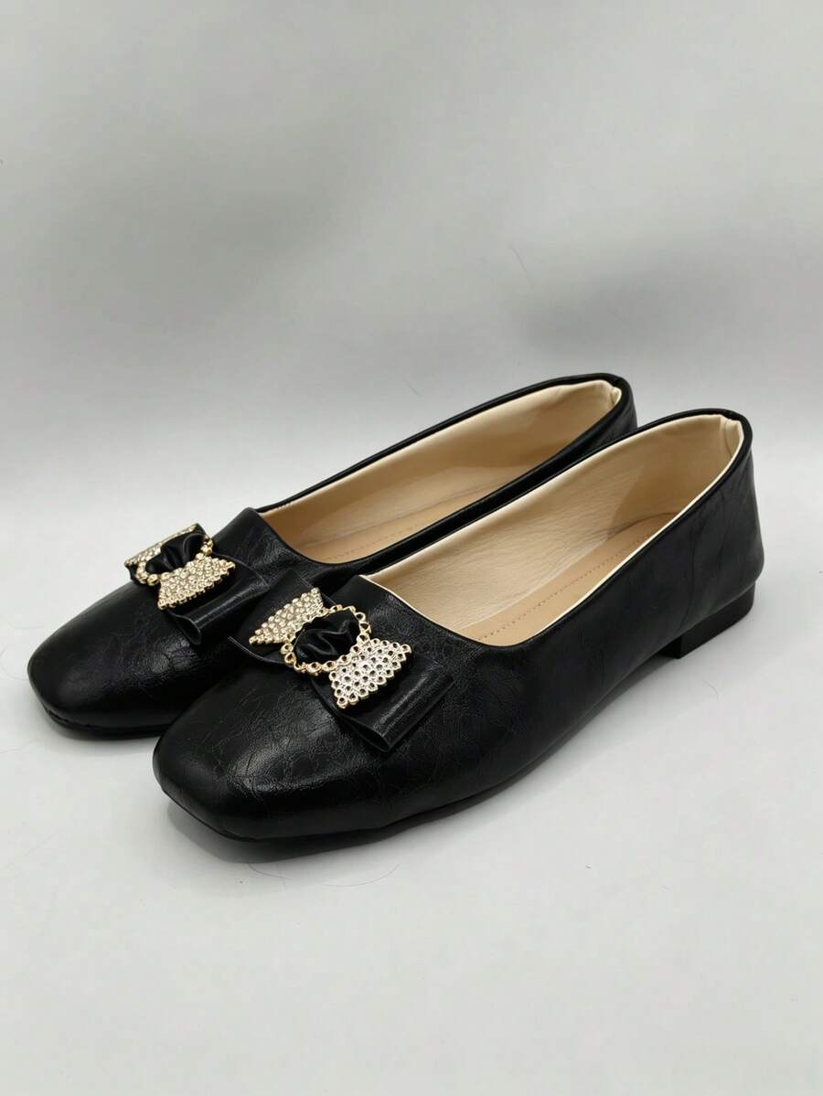 Women's Elegant Business Square Toe Bow Ballet Flats - Black - View 1