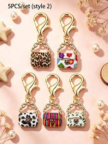 5/10 buah Gantungan Kunci Tas Mini Paduan Logam, Motif Leopard, Motif Bunga, Motif Kotak-kotak, Motif Pelangi, Liontin Jepit Lobster, Aksesoris DIY untuk Perempuan - MultiWarna - View 7