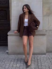 Women's Elegant Vintage Business Versatile Suede Design Minimalist Blazer, Suitable For Daily Commute, Outings, Workplace, Office Wear, Autumn/Winter Style - Coffee Brown - View 3