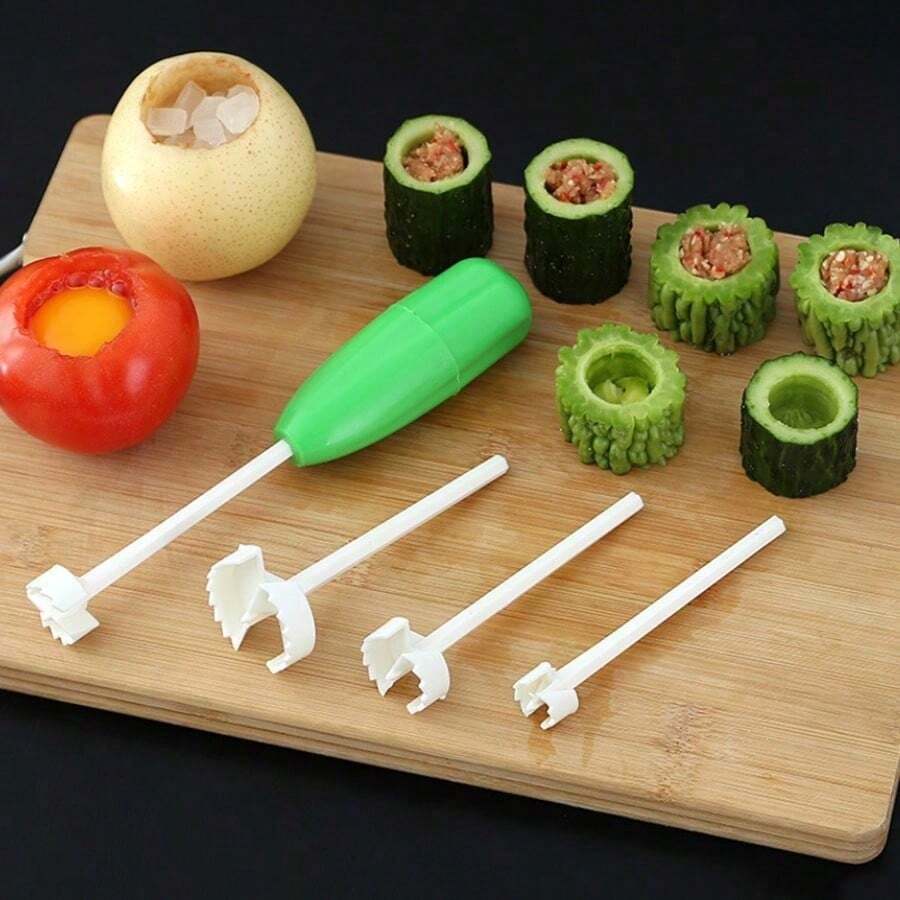 4-In-1 Multifunctional Fruit And Vegetable Corer Set With High-Strength Plastic Handle And Replaceable Spiral Heads, Suitable For Zucchini, Cucumber, Apple, Pear And Other Fruits And Vegetables, Kitchen Gadget For Daily Cooking, Back To School Dorm Kitchen Essential, Easy Fruit And Vegetable Coring, Convenient Blade Replacement, Simple And Effortless Operation, Compact Size, Easy Storage, Practical For Home Meal Prep, Also Suitable As A Holiday Gift, Meets Various Home Fruit And Vegetable Coring And Pitting Cooking Needs