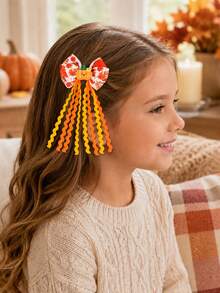 2PCS Thanksgiving Hair Bows For Girls, Pumpkin Leaf Barrettes With Curly Tails, Adorable Fall Hair Accessories For Kids Holiday Photo Props - Orange - View 3