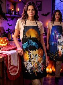 1pc/2pcs Halloween Cartoon Print Apron, Pumpkin Ghost Black Cat Spider Web Bat Pattern Adjustable Neck Strap Bib Apron, Lightweight Oil Resistant Kitchen Cooking Baking Apron, Halloween Party Cosplay Costume Accessory Home Cleaning Apron - Multicolor - View 10