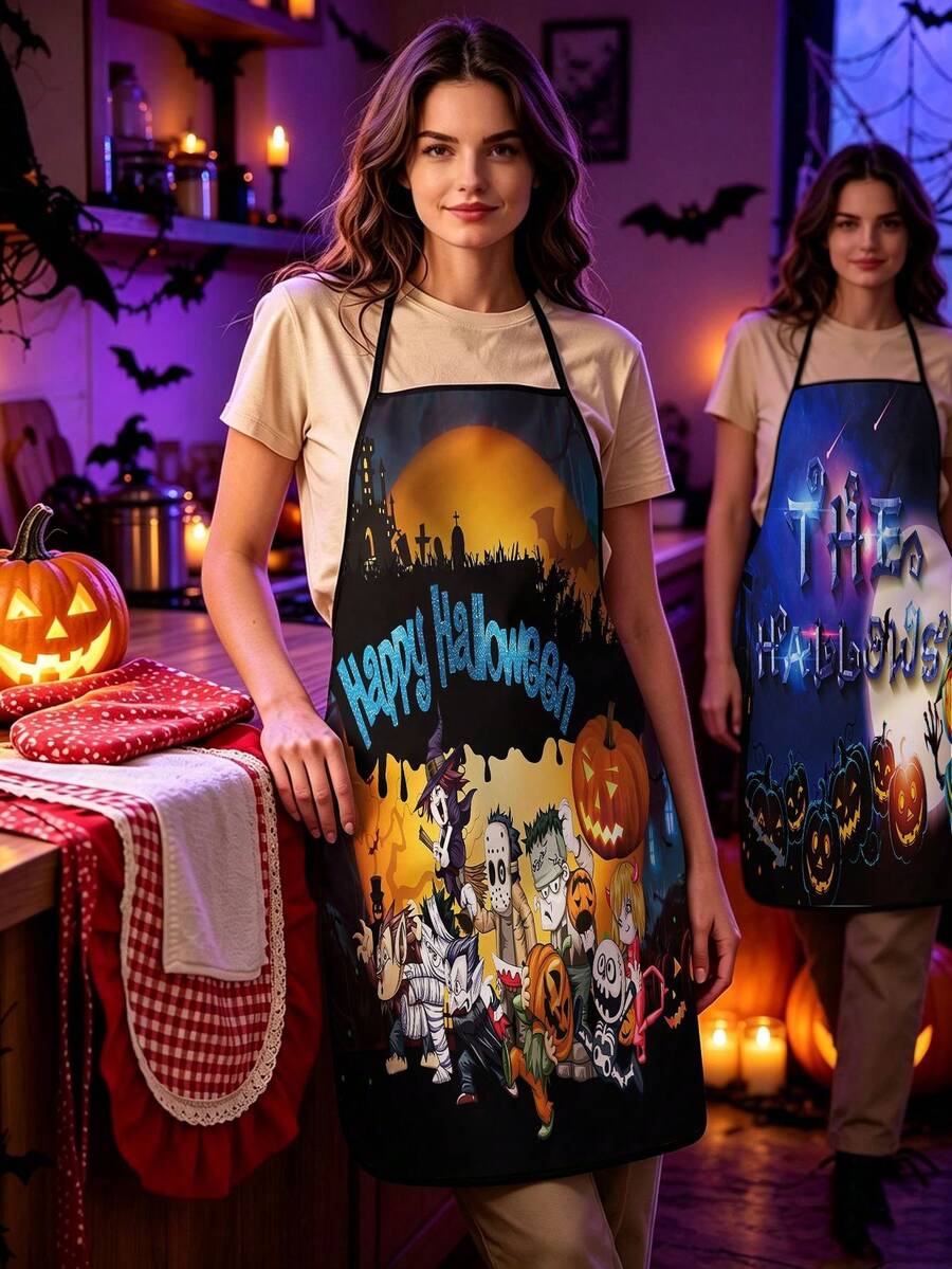 1pc/2pcs Halloween Cartoon Print Apron, Pumpkin Ghost Black Cat Spider Web Bat Pattern Adjustable Neck Strap Bib Apron, Lightweight Oil Resistant Kitchen Cooking Baking Apron, Halloween Party Cosplay Costume Accessory Home Cleaning Apron - Multicolor - View 1
