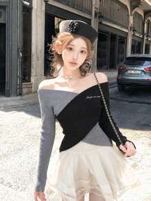 Women's Contrast Color Cross V-Neck Sweater, Off-Shoulder Letter Embroidery Top, Asymmetrical Knit Base Layer, Suitable For Innerwear Or Outerwear, Autumn/Winter - Dark Grey - View 2