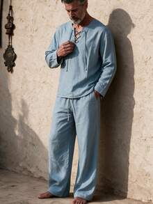GOLDREDY Summer Men's Vintage Cross Strap V-Neck Top & Drawstring Wide Leg Pants Beach Vacation Casual Set - Blue - View 4
