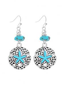 1 Pair Bohemian Long Hook Earrings, Distressed Hollow Round Disc Design With Asymmetrical Faux Turquoise Stone And Metal Beads, Atmosphere Earrings Suitable For Casual Vacation Wear - Antique Silver - View 7