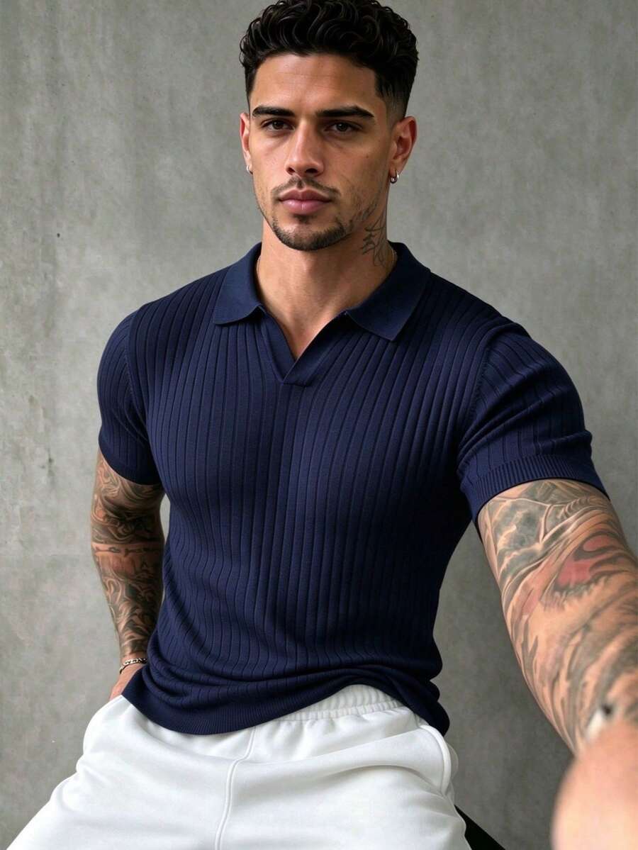 ZYNTH BALENO Men's Summer Striped Knit Polo Short Sleeve Shirt, Minimalist Versatile Top, Suitable For Outdoor Sports And Gym Workouts