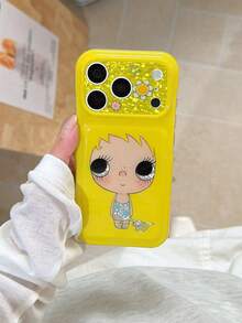 1PC Glossy Yellow Cartoon Big Eye Girl Phone Case, Glitter Floral Camera Frame, 3D Puffy Soft Full Coverage Protective Cover, Cute Girly Creative Niche Anti-Drop Case Compatible With Apple 17/16/15 Pro Max/15 Pro/15/15Plus/14 Pro Max/14 Pro/14Plus/14/13 Pro Max/13 Pro/13 Multiple Models - Yellow - View 3