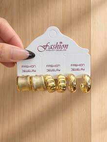 18/6pcs Women's Gold CCB Geometric Square Smooth C-Shaped Twisted Hoop Earrings Set, Suitable For Daily, Party, Commute Wear - Yellow Gold - View 5