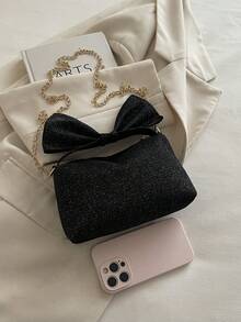 1pc Black Bowknot Decor Solid Color Nylon Small Square Handbag For Women, Can Be Carried As Shoulder Bag Or Crossbody - Black - View 4