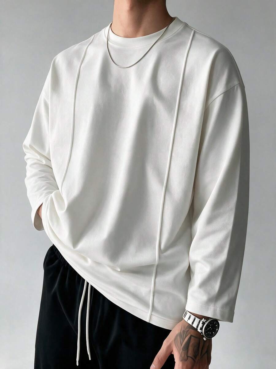Men's White Vertical Stripe Deconstructed Design Crew Neck Long Sleeve T-Shirt, Breathable Knit Fabric, Regular Fit, Suitable For Daily Layering - White - View 1