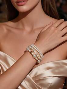 NAIZHU 4pcs Elegant Vintage Faux Pearl Bracelet Set Suitable For Women's Daily Wear, Dating And Party - White - View 6