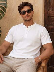 Men's Short Sleeve Henley Collar Polo Shirt, Breathable Knit Fabric, Slim Fit Casual Solid Color Basic Top - White - View 2