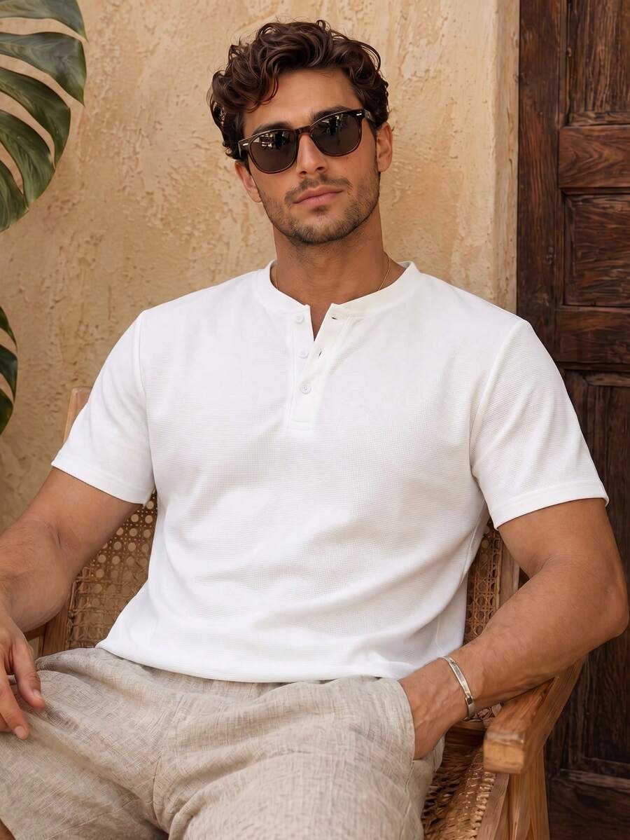 Men's Short Sleeve Henley Collar Polo Shirt, Breathable Knit Fabric, Slim Fit Casual Solid Color Basic Top