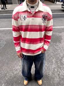 YUNCHIC Men's Gradient Striped Long Sleeve Polo Shirt With Patchwork Badge Print, Vintage Casual Streetwear Style Collared Top - Apricot - View 2