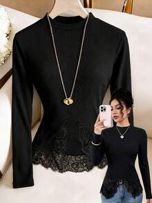 2026 Solid Color Knit Fabric Lace Patchwork Split Hem Regular T-Shirt, College Daily Office Home Spring Summer - Black - View 3
