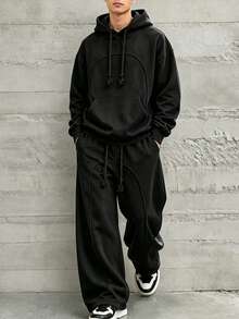 HEYKESON Setelan Olahraga Kasual Longgar 2 Potong untuk Pria: Hoodie & Celana Jogging Kaki Lebar - Hitam - View 1