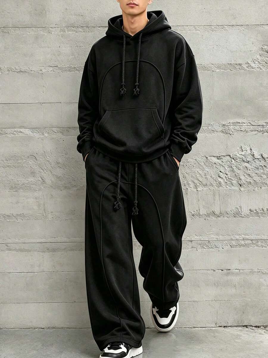 HEYKESON Setelan Olahraga Kasual Longgar 2 Potong untuk Pria: Hoodie & Celana Jogging Kaki Lebar - Hitam - View 1