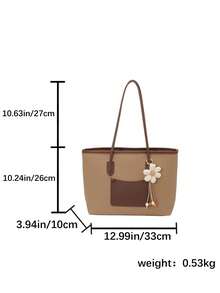 Fashionable Large Capacity Tote Bag Minimalist Solid Color Shoulder Handbag With Cute Sun Charm Soft PU Leather Commuter Shopper Bag - Khaki - View 8