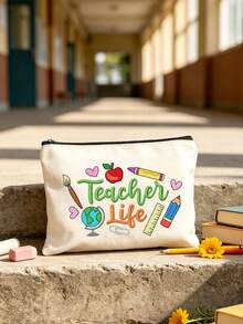 Portable Cosmetic Organizer For Teachers, "Teacher Life" Faux-Embroidery Style Print (2d); Travel Toiletry Bag. Large Capacity Stationery Pencil Case, Suitable For Commuting, Travel, Unique Teacher's Day, Back To School, Birthday, Party Gift - Multicolor - View 7