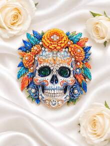 1pc Floral Sugar Skull Day Of The Dead Bag Charm, Vintage Gothic Brooch Pin, Unisex Autumn Halloween Party Costume Backpack Accessory - Multicolor - View 13