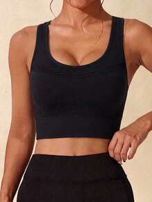 Women's Seamless Knit High Elastic U-Neck Racerback Sports Tank Top Gym Fitness Workout Sleeveless Cropped T-Shirt - Black - View 2