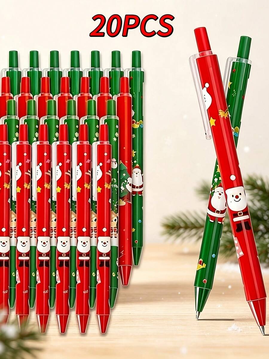 20 PCS Christmas Themed Push-Type Ballpoint Pen Set, 0.5mm Black Ink, Includes 10 Random Pens + 10 Refills, Suitable For School, Great Christmas Gift - Multicolor - View 1