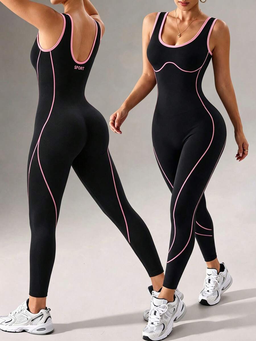 Women's Seamless Colorblock Shaping Fitness Jumpsuit, Tummy Control Butt Lift Backless Slim Fit Elastic Yoga Workout Set - Black - View 1