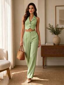 Buckle V-Neck Vest With Wide Leg Casual Pants Set Summer - Green - View 1