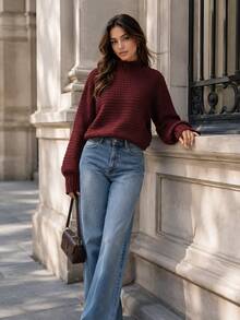 Sweater Rajut Wanita Musim Gugur Model Leher Tinggi Berkerut Lengan Panjang Warna Merah Longgar Atasan Rajut Model Pullover Modis untuk Pakaian Sehari-hari dan Liburan Musim Gugur - Merah - View 7