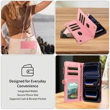 1pc Embossed Zipper Wallet Phone Case Compatible With Apple 18 Pro Max, A57, Note 15 PRO, Faux Leather Portable Crossbody Coin Purse Protective Cover (Global Version, Not Local Model) - Pink - View 10