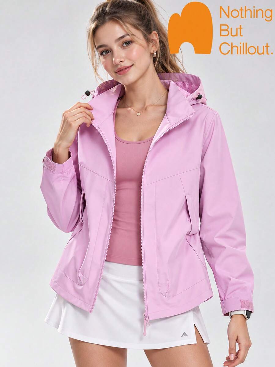 NBCT Women's Urban Functional Adjustable Hood Drawstring Outdoor Softshell Jacket, Dual Side Safety Zipper Pockets, Minimalist Solid Color Light Outdoor Sports Commute Camping Casual Jacket - Cloud Cotton Pink - View 1