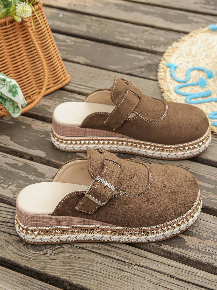 Women's Vintage Velvet Braided Rope Mule Slippers, Thick Sole Casual Half-Slip Shoes For Spring And Autumn Daily Wear, Plus Size - Chocolate Brown Suede - View 7