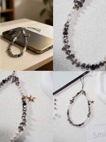1pc Personalized Creative Purple Crystal Crushed Stone Beaded Phone Lanyard, Short Faux Pearl Phone Case Charm, Holiday Gift - Grey - View 3