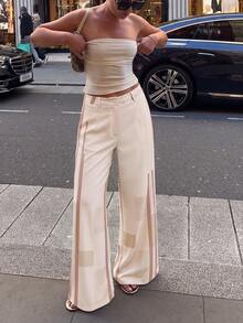 Women's Beige Geometric Color Block Striped High Waist Pleated Wide Leg Suit Pants, Button Fly Draped Floor-Length Casual Straight Leg Trousers - Multicolor - View 9