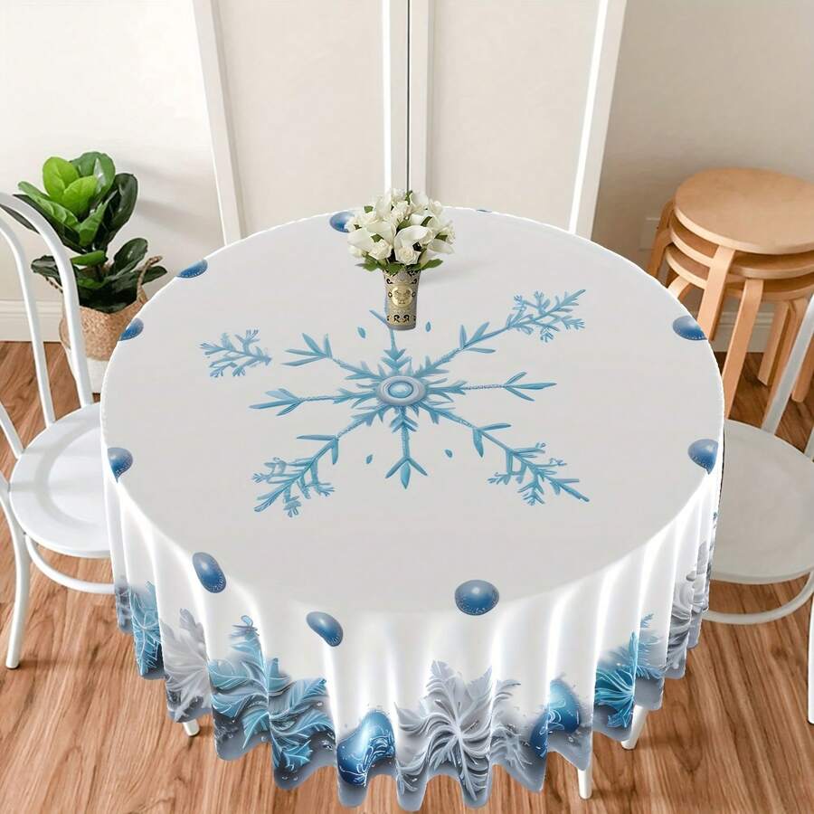 1pc Light Blue Snowflake Round Tablecloth, Blue Ball Pattern Colorful Patio Dining Tablecloth, Christmas Style - A - View 1
