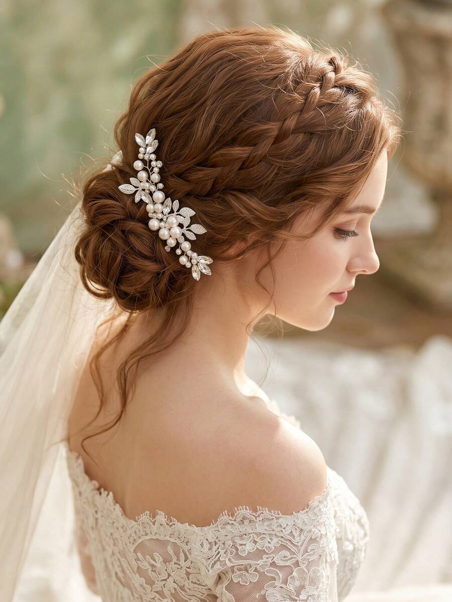 1pc Elegant Faux Pearl Rhinestone Leaf Hair Comb, Bridal Wedding Hair Accessory, Crystal Hair Ornament For Women's Ball Party