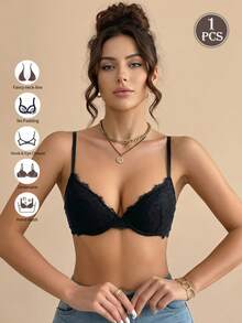 法式風格女款花卉睫毛蕾絲V領性感內衣 | 細肩帶極簡百搭 | 舒適日常穿著 | 輕盈透氣 | 聚攏防下垂內衣 - 黑色 - 查看 1