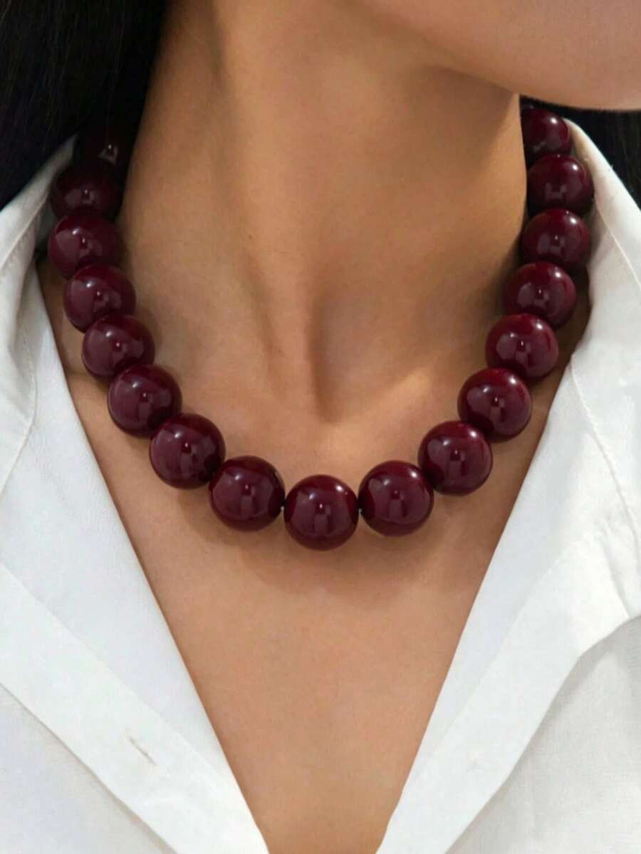 1pc Vintage Geometric Resin Beaded Necklace, Brown Tone, Suitable For Women's Daily And Party Wear - Round Bead Necklace - View 1