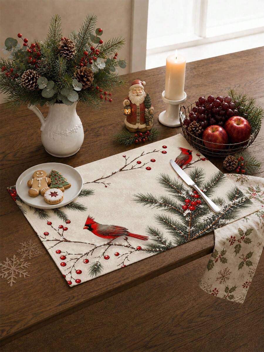 4pcs,6pcs,Christmas,Christmas Red Flower,Christmas Tree,Cardinal Bird Table Placemats,Rectangular Tablecloth,Washable,Suitable For Family Dinner,Coffee Table,Durable Kitchen And Dining Room Decor - Multicolor - View 1