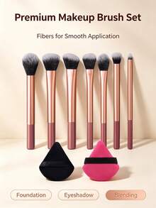9pcs Makeup Brush Set With Powder Brush, Eyeshadow Brush, Contour Brush, Blush Brush, Blending Brush, Triangle Powder Puff, Full Set Of Makeup Tools, Essential For Beginners - Red - View 2