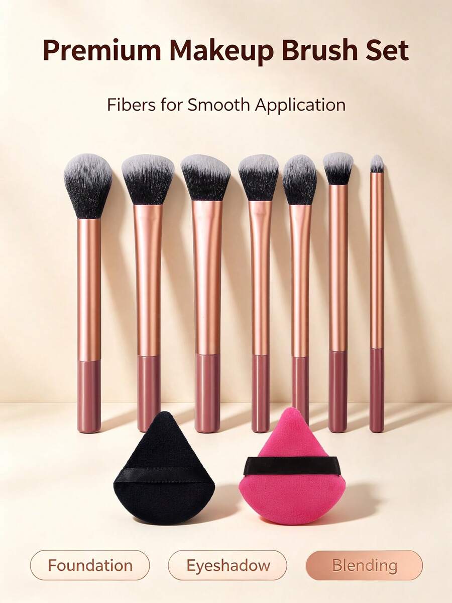 9pcs Makeup Brush Set With Powder Brush, Eyeshadow Brush, Contour Brush, Blush Brush, Blending Brush, Triangle Powder Puff, Full Set Of Makeup Tools, Essential For Beginners